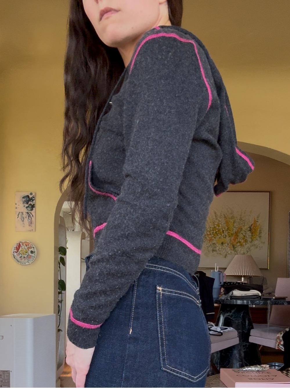 Acrobat Silk and Cashmere Charcoal Zip Hoodie with Pink Piping - Picture 3 of 4